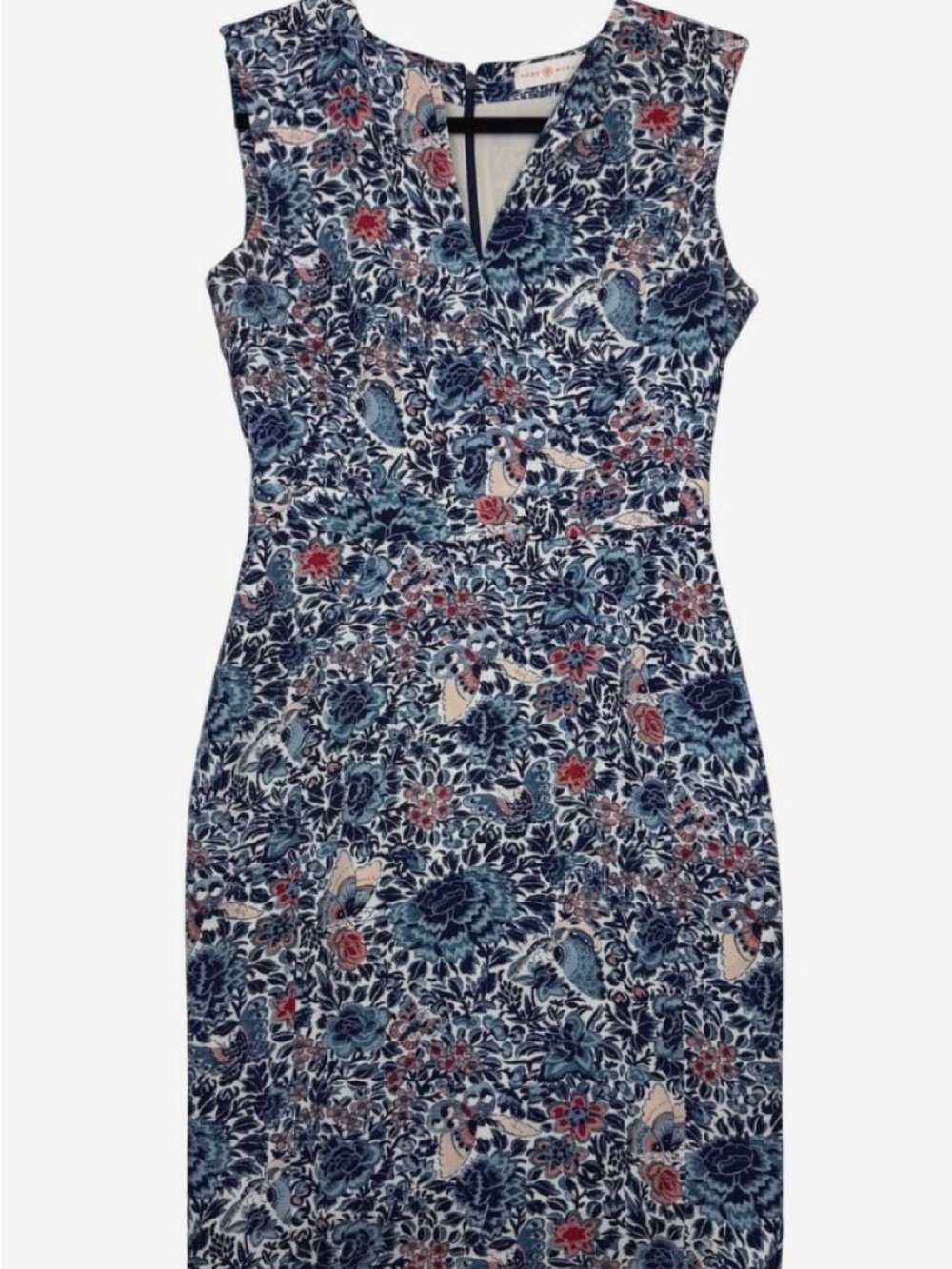 Tory Burch Navy Floral Midi Dress Size 6 with Red and Cream Accents.